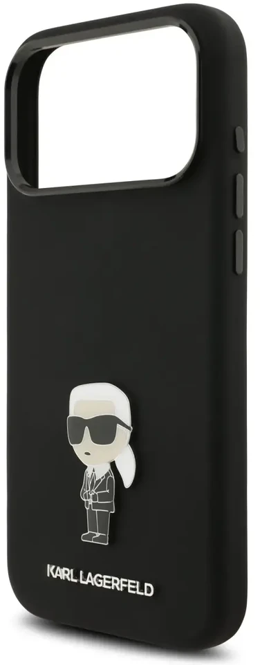 Karl Lagerfeld Skysto silikono Metal Ikonik telefono dėklas, skirtas Apple iPhone 17 Pro Max, juodas