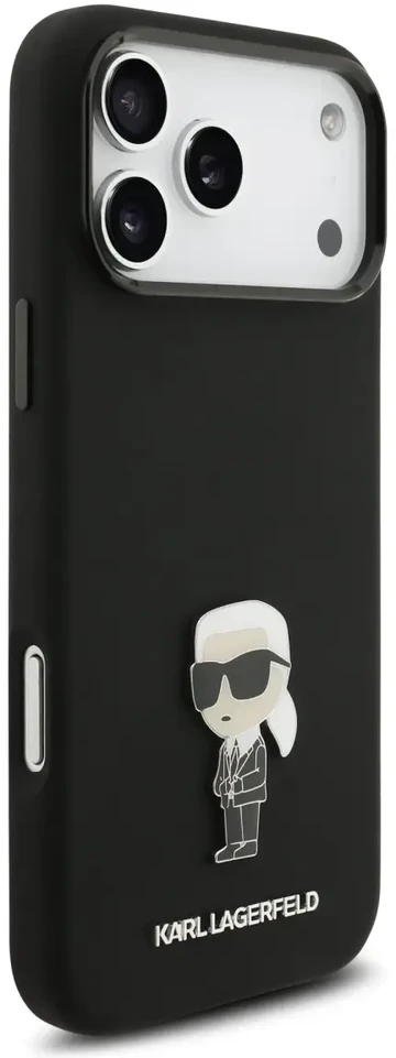 Karl Lagerfeld Skysto silikono Metal Ikonik telefono dėklas, skirtas Apple iPhone 17 Pro Max, juodas