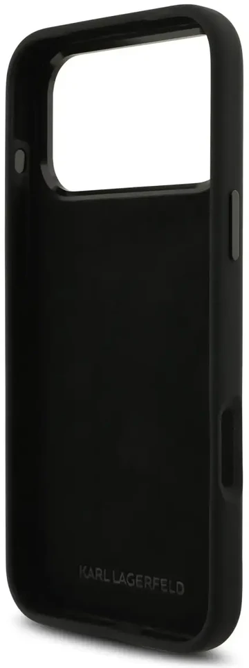 Karl Lagerfeld Skysto silikono Metal Ikonik telefono dėklas, skirtas Apple iPhone 17 Pro Max, juodas