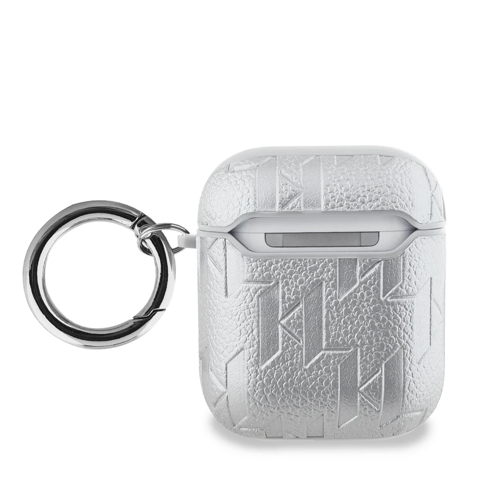 Karl Lagerfeld PU Embossed Choupette Head dėklas ausinėms AirPods 1/2 sidabrinės spalvos