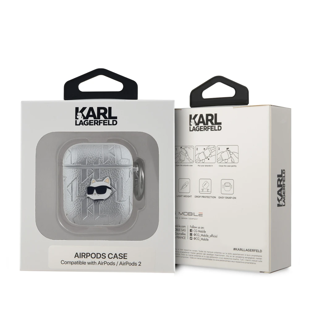Karl Lagerfeld PU Embossed Choupette Head dėklas ausinėms AirPods 1/2 sidabrinės spalvos