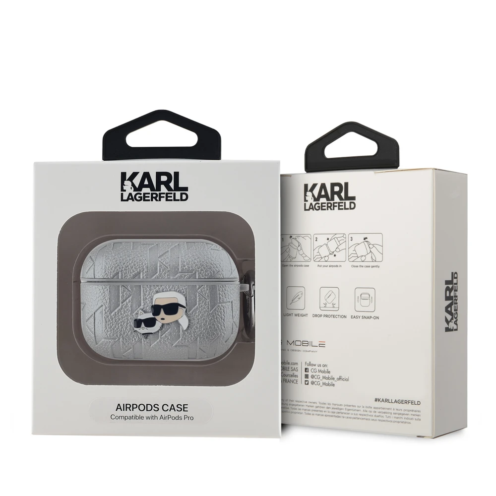 Karl Lagerfeld PU Embossed Karl and Choupette Heads dėklas ausinėms AirPods Pro sidabrinės spalvos