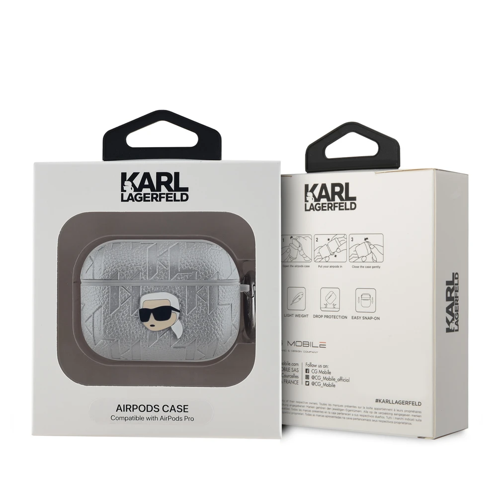 Karl Lagerfeld PU Embossed Karl Head dėklas ausinėms AirPods Pro sidabrinės spalvos