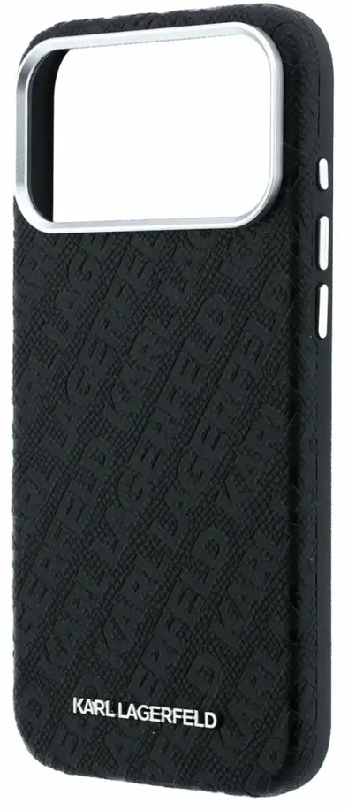 Dėklas Karl Lagerfeld Grained Allover Logo Metal Elongated MagSafe, skirtas iPhone 18 Pro / 17 Pro, juodas