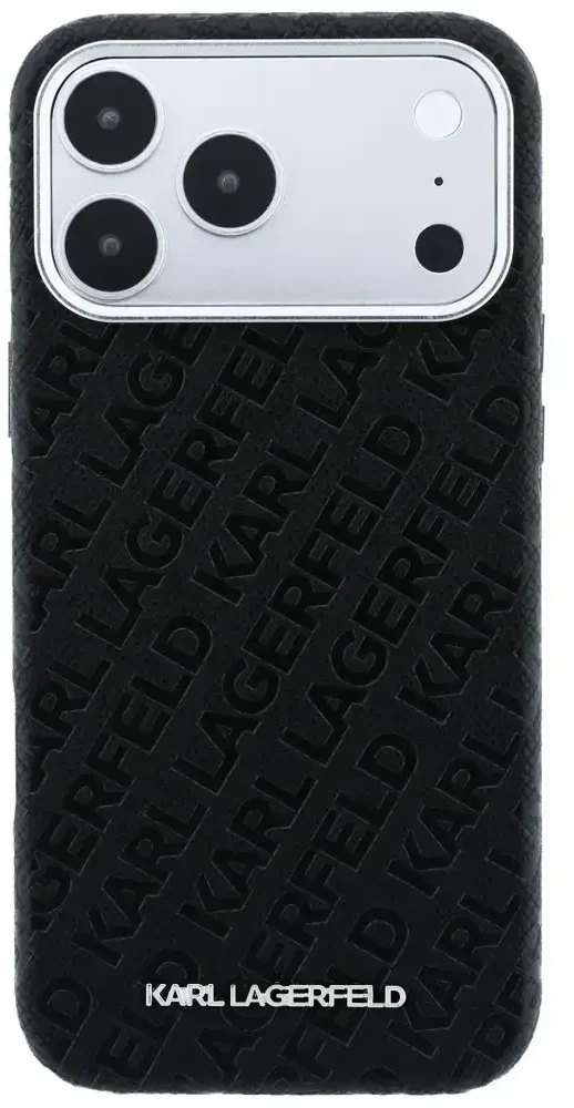 Dėklas Karl Lagerfeld Grained Allover Logo Metal Elongated MagSafe, skirtas iPhone 18 Pro / 17 Pro, juodas