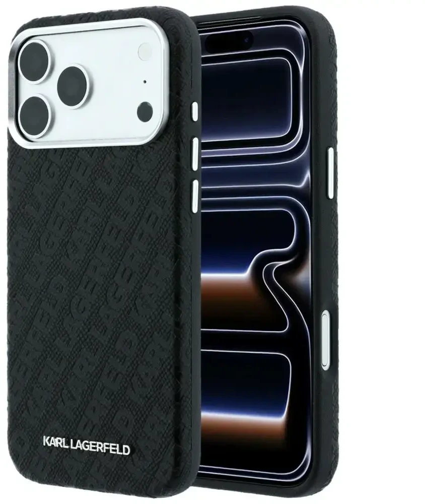 Dėklas Karl Lagerfeld Grained Allover Logo Metal Elongated MagSafe, skirtas iPhone 18 Pro / 17 Pro, juodas