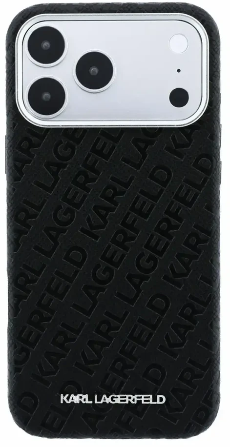 Dėklas Karl Lagerfeld Grained Allover Logo Metal Elongated MagSafe, skirtas iPhone 18 Pro / 17 Pro, juodas