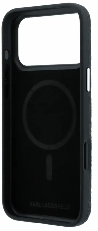 Dėklas Karl Lagerfeld Grained Allover Logo Metal Elongated MagSafe, skirtas iPhone 18 Pro / 17 Pro, juodas