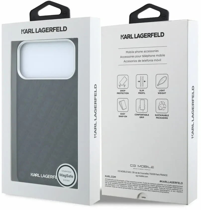 Dėklas Karl Lagerfeld Grained Allover Logo Metal Elongated MagSafe, skirtas iPhone 18 Pro / 17 Pro, juodas