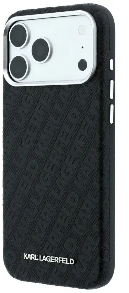 Dėklas Karl Lagerfeld Grained Allover Logo Metal Elongated MagSafe, skirtas iPhone 18 Pro / 17 Pro, juodas