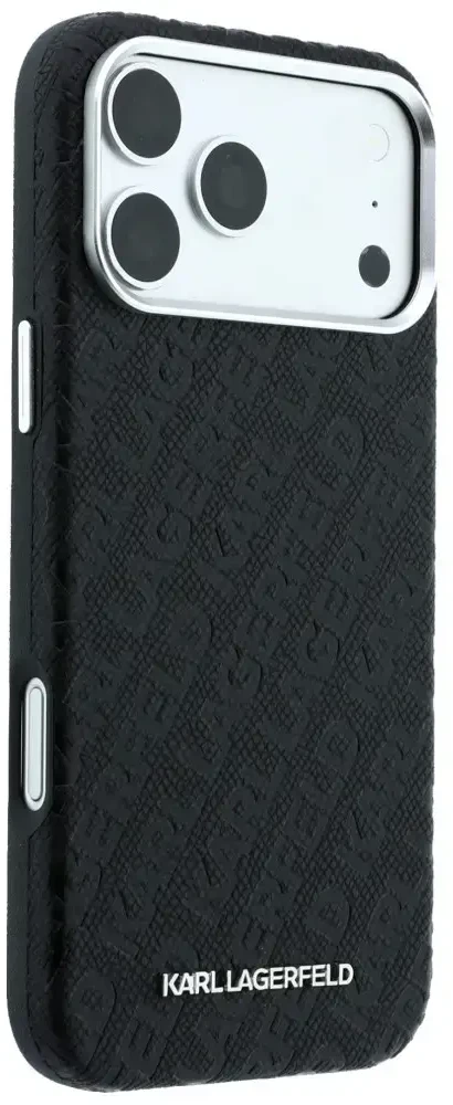 Dėklas Karl Lagerfeld Grained Allover Logo Metal Elongated MagSafe, skirtas iPhone 18 Pro / 17 Pro, juodas