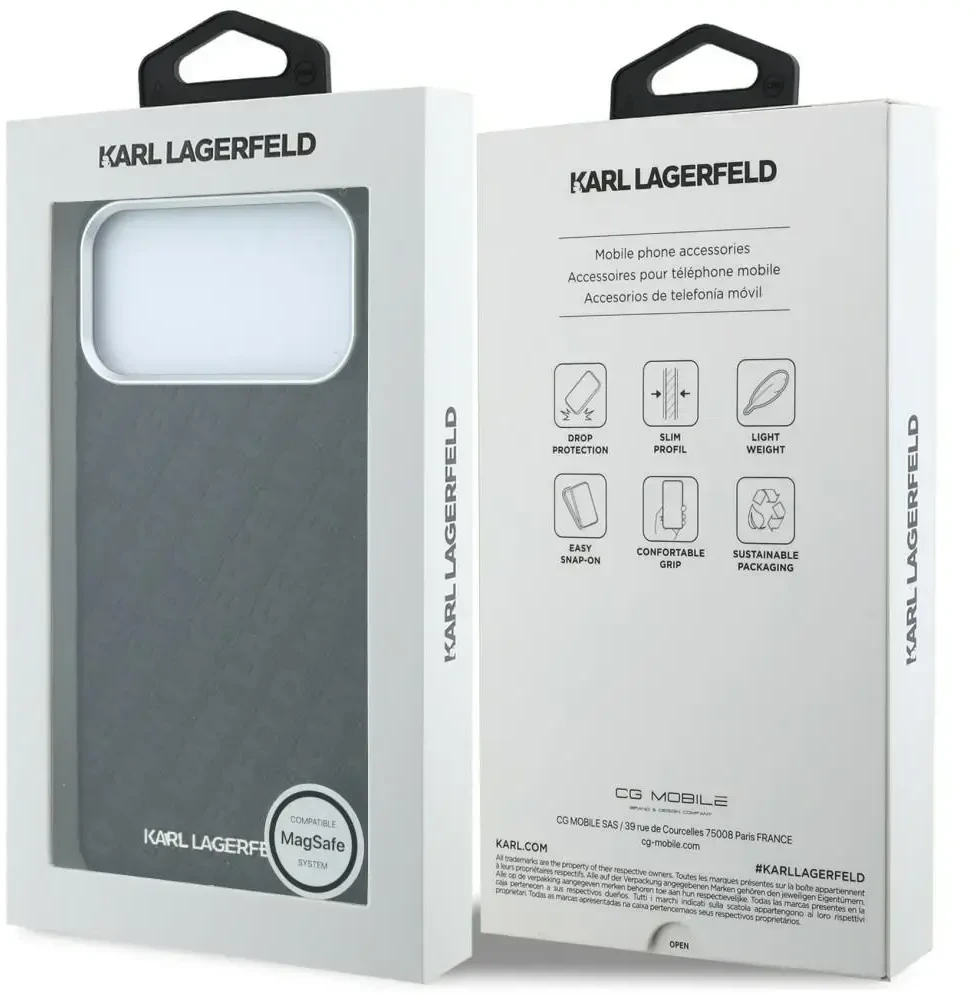 Dėklas Karl Lagerfeld Grained Allover Logo Metal Elongated MagSafe, skirtas iPhone 18 Pro / 17 Pro, juodas