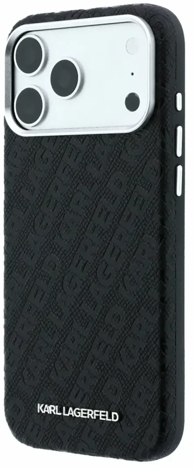 Dėklas Karl Lagerfeld Grained Allover Logo Metal Elongated MagSafe, skirtas iPhone 18 Pro / 17 Pro, juodas