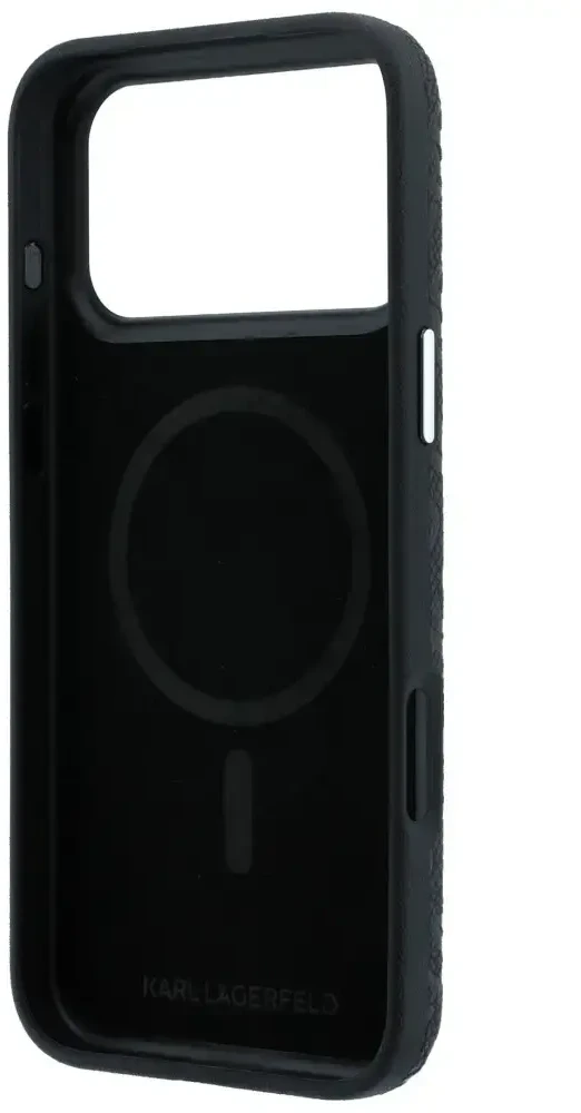 Dėklas Karl Lagerfeld Grained Allover Logo Metal Elongated MagSafe, skirtas iPhone 18 Pro / 17 Pro, juodas