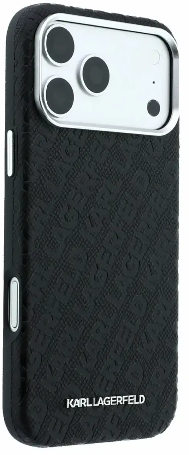 Dėklas Karl Lagerfeld Grained Allover Logo Metal Elongated MagSafe, skirtas iPhone 18 Pro / 17 Pro, juodas