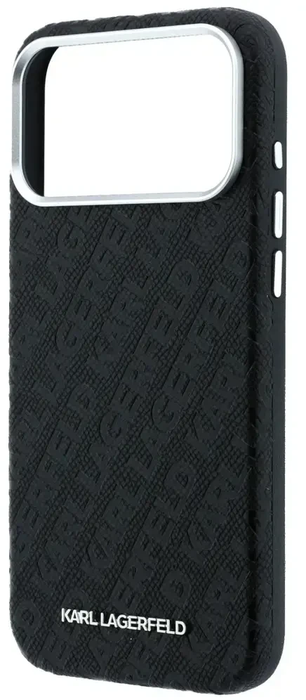 Dėklas Karl Lagerfeld Grained Allover Logo Metal Elongated MagSafe, skirtas iPhone 18 Pro / 17 Pro, juodas