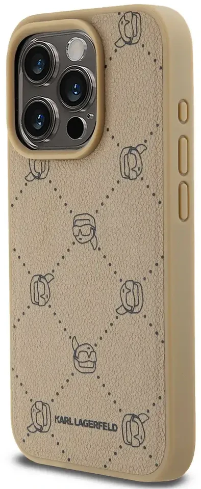 Karl Lagerfeld PU Karl Heads Pattern MagSafe dėklas telefonui Apple iPhone 15 Pro rusvai gelsvas