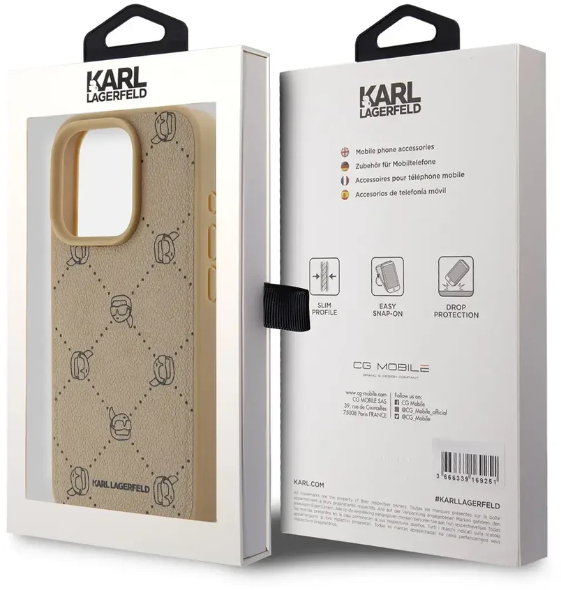 Karl Lagerfeld PU Karl Heads Pattern MagSafe dėklas telefonui Apple iPhone 15 Pro rusvai gelsvas