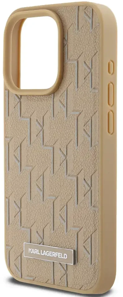 Karl Lagerfeld PU Leather Monogram Metal Logo MagSafe dėklas telefonui Apple iPhone 14 Pro Max rusvai gelsvas