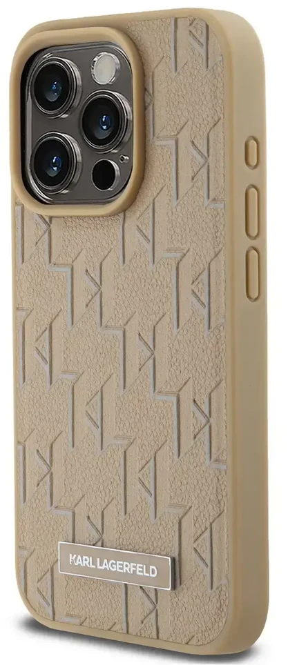 Karl Lagerfeld PU Leather Monogram Metal Logo MagSafe dėklas telefonui Apple iPhone 14 Pro Max rusvai gelsvas