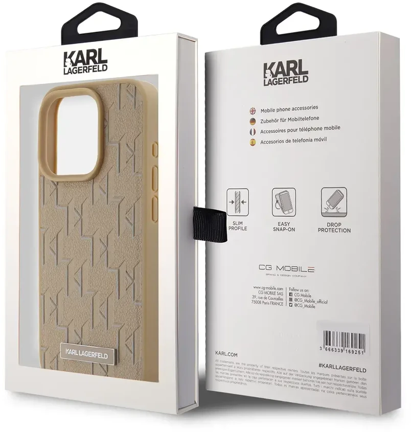 Karl Lagerfeld PU Leather Monogram Metal Logo MagSafe dėklas telefonui Apple iPhone 14 Pro Max rusvai gelsvas