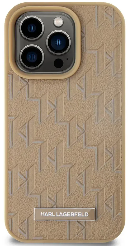 Karl Lagerfeld PU Leather Monogram Metal Logo MagSafe dėklas telefonui Apple iPhone 14 Pro Max rusvai gelsvas