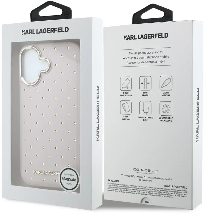 Karl Lagerfeld PU perforuotas auksinių taškų telefono dėklas su „MagSafe“ laikikliu, skirtas „iPhone 17“, rožinis