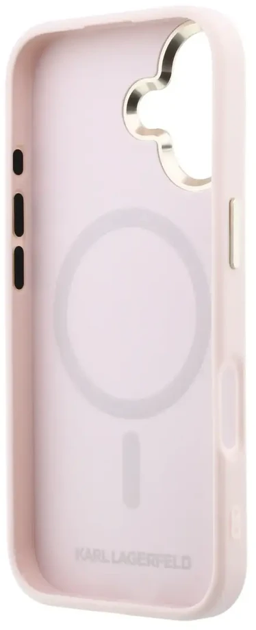 Karl Lagerfeld PU perforuotas auksinių taškų telefono dėklas su „MagSafe“ laikikliu, skirtas „iPhone 17“, rožinis