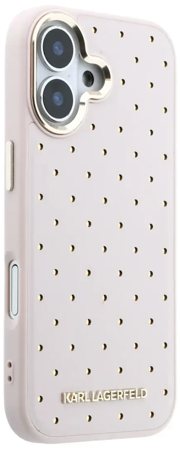 Karl Lagerfeld PU perforuotas auksinių taškų telefono dėklas su „MagSafe“ laikikliu, skirtas „iPhone 17“, rožinis