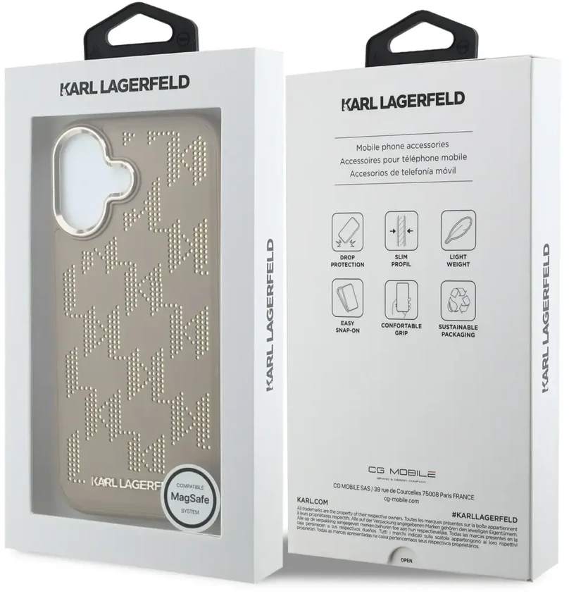 Karl Lagerfeld PU perforuotas monograminis telefono dėklas su „MagSafe“ laikikliu, skirtas „iPhone 17“, smėlio spalvos