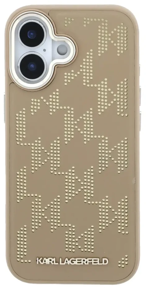 Karl Lagerfeld PU perforuotas monograminis telefono dėklas su „MagSafe“ laikikliu, skirtas „iPhone 17“, smėlio spalvos