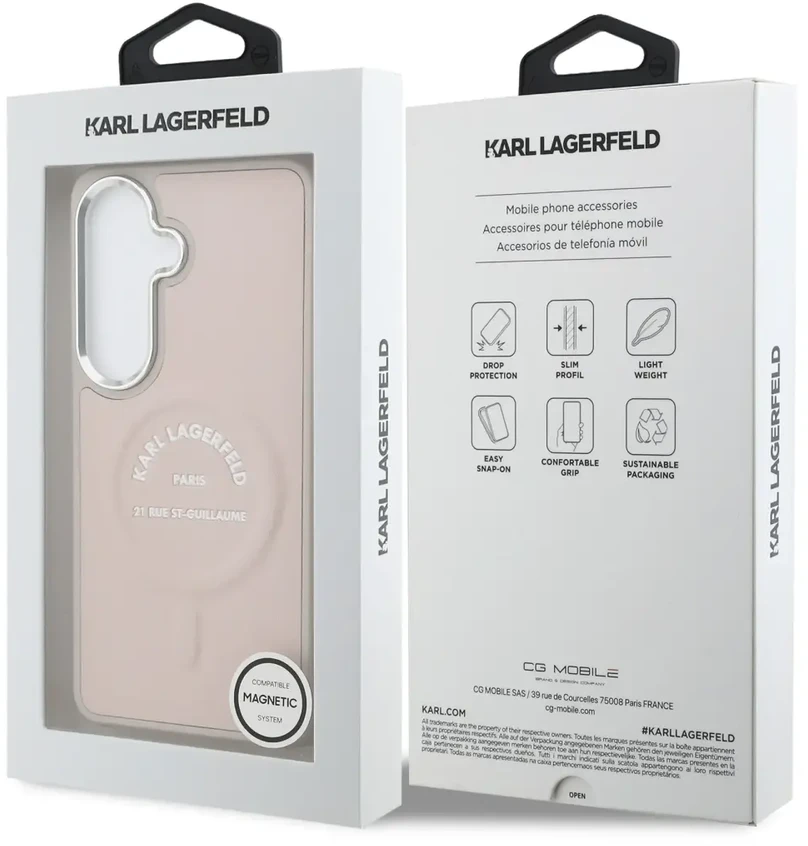 Karl Lagerfeld PU RSG logotipo telefono dėklas su MagSafe laikikliu, skirtas Samsung Galaxy S26 (S942) rožinis