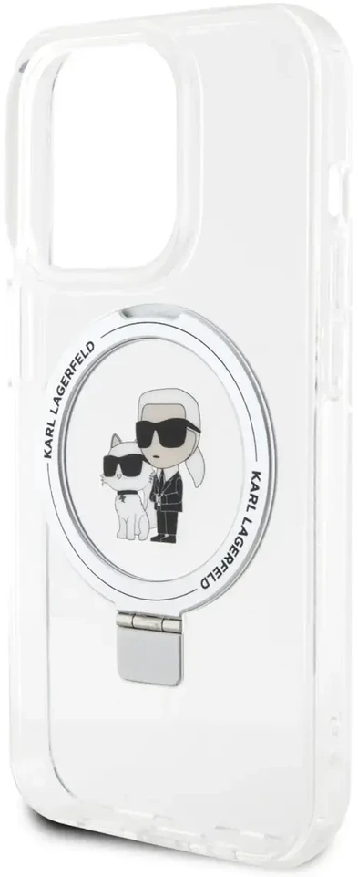 Karl Lagerfeld dėklas, skirtas iPhone 15 Pro 6,1 KLHMP15LHMRSKCH baltos spalvos HC MAGSAFE RINGSTAND KC
