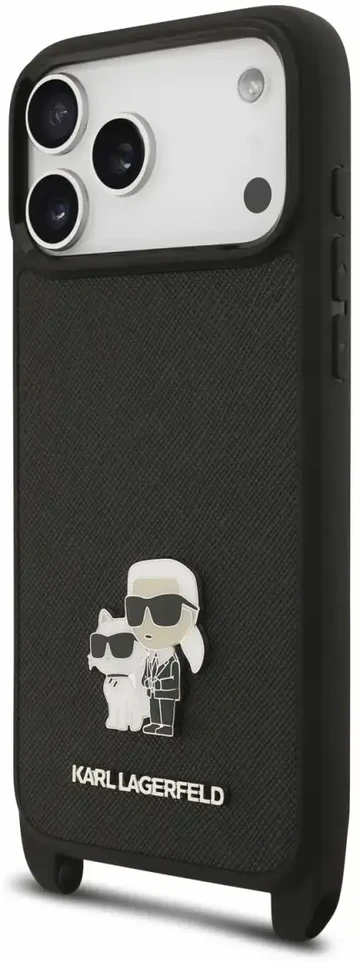Karl Lagerfeld Saffiano Crossbody dirželis Karl and Choupette dėklas iPhone 18 Pro Max juodas