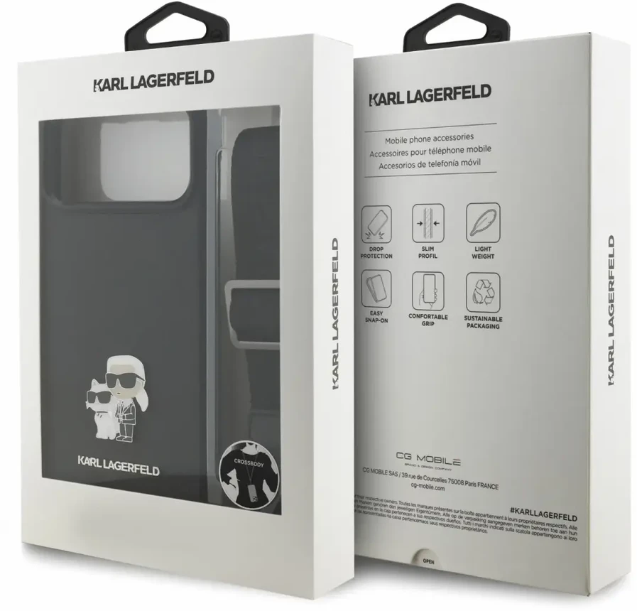 Karl Lagerfeld Saffiano Crossbody dirželis Karl and Choupette dėklas iPhone 18 Pro Max juodas