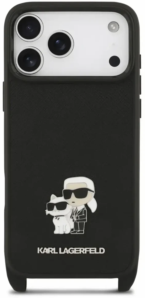 Karl Lagerfeld Saffiano Crossbody dirželis Karl and Choupette dėklas iPhone 18 Pro Max juodas