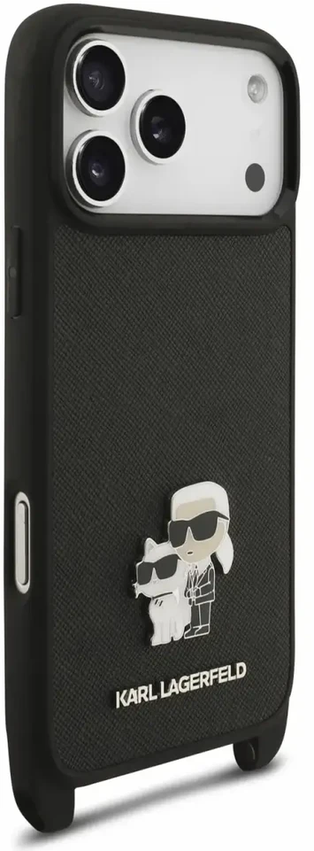 Karl Lagerfeld Saffiano Crossbody dirželis Karl and Choupette dėklas iPhone 18 Pro Max juodas