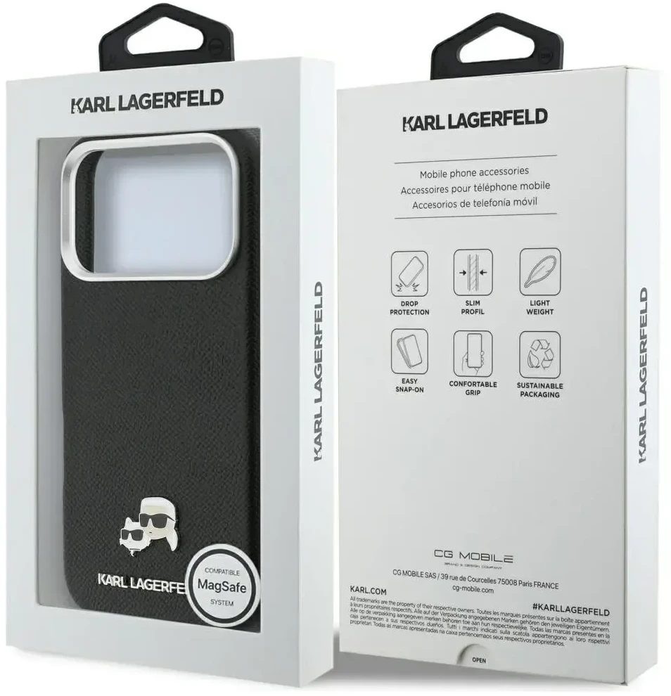 „Karl Lagerfeld Karl & Choupette Head Pins Saffiano MagSafe“ dėklas, skirtas „iPhone 17 Pro“ – Juodas