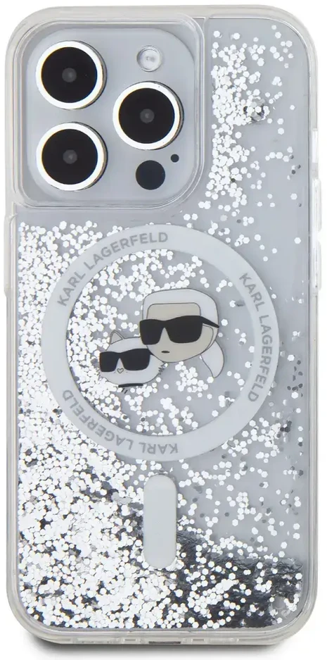 Karl Lagerfeld Liquid Glitter Karl and Choupette Heads MagSafe dėklas telefonui Apple iPhone 15 Pro Max skaidrus