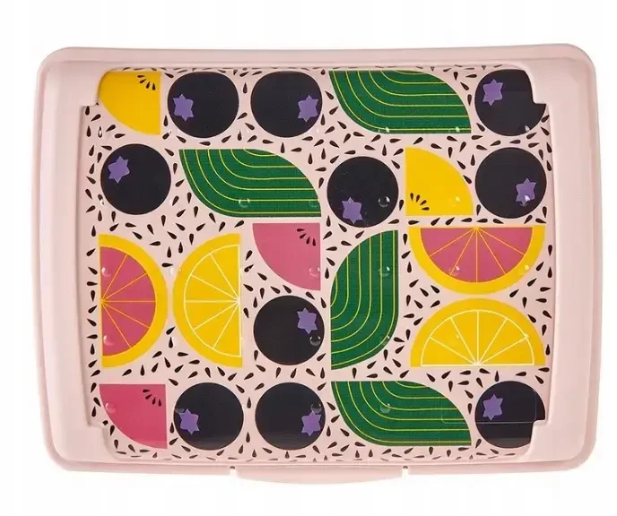 Mpl Power Keeeper maisto laikymo indelis su dekoratyvine spragtelėjimo formos dėžute, mini, 0,5 l, Carla „Vaisiai“, 17 x 13 x 3,5 cm, rožinis