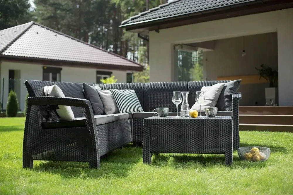 Lauko baldų komplektas Keter Allibert Rinkinys mebli Curver Corfu Relax set Narożna kanapa + stolik Grafit-Jasny pilka