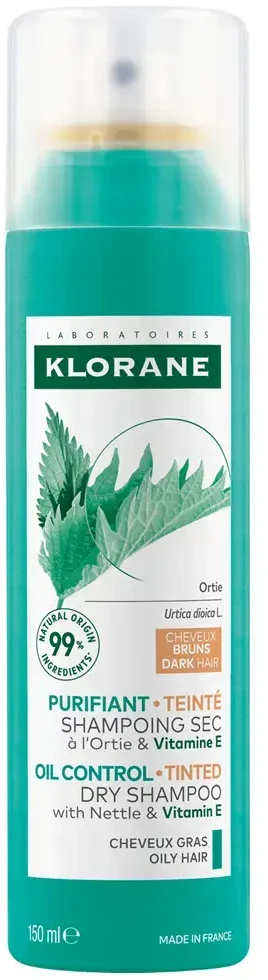 Klorane Oil Control Sausas šampūnas with Nettle & Vitamin E sausas šampūnas riebiems tamsiems plaukams su dilgėlėmis, 150 ml