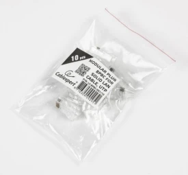 Gembird Cablexpert Modulinis kištukas 8P8C kietam LAN kabeliui CAT5, UTP, 10 vnt. už maišelį | Modulinis 8P8C RJ45 kištukas, 30u“ auksiniu padengtas, 3 šakių vidiniai kontaktai, skirti naudoti su tvirtais LAN laidais