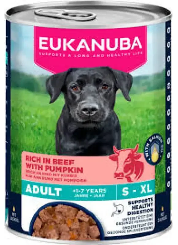 Eukanuba konservuotas pašaras šunims su jautiena ir moliūgais, 400g