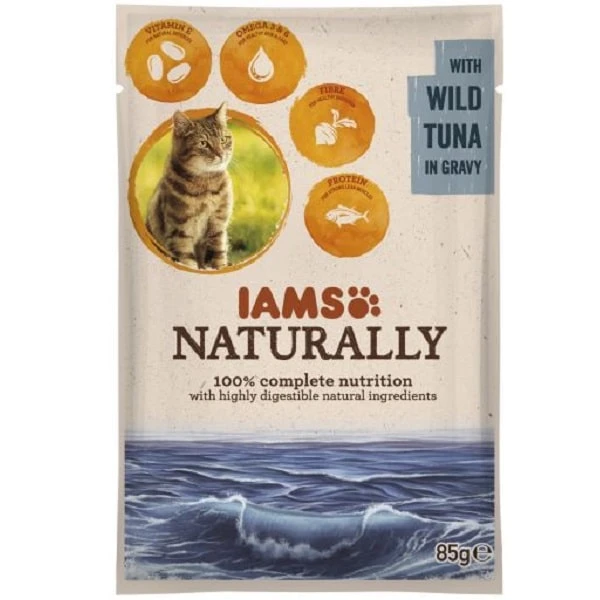 IAMS Naturally Adult konservuotas pašaras katėms su laukiniu tunu padaže 85g