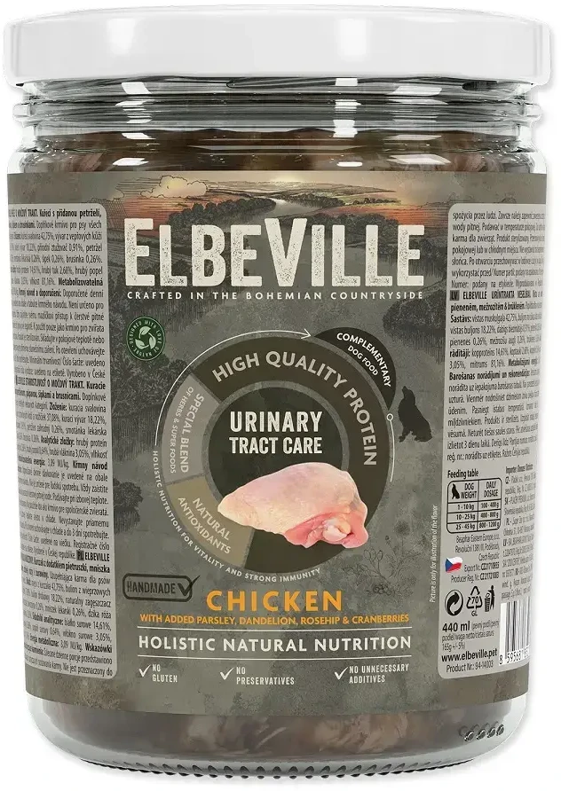 Konservuoti šunys – ElbeVille šlapimo takų priežiūra, vištiena su petražolėmis, kiaulpienėmis ir spanguolėmis, 440 ml