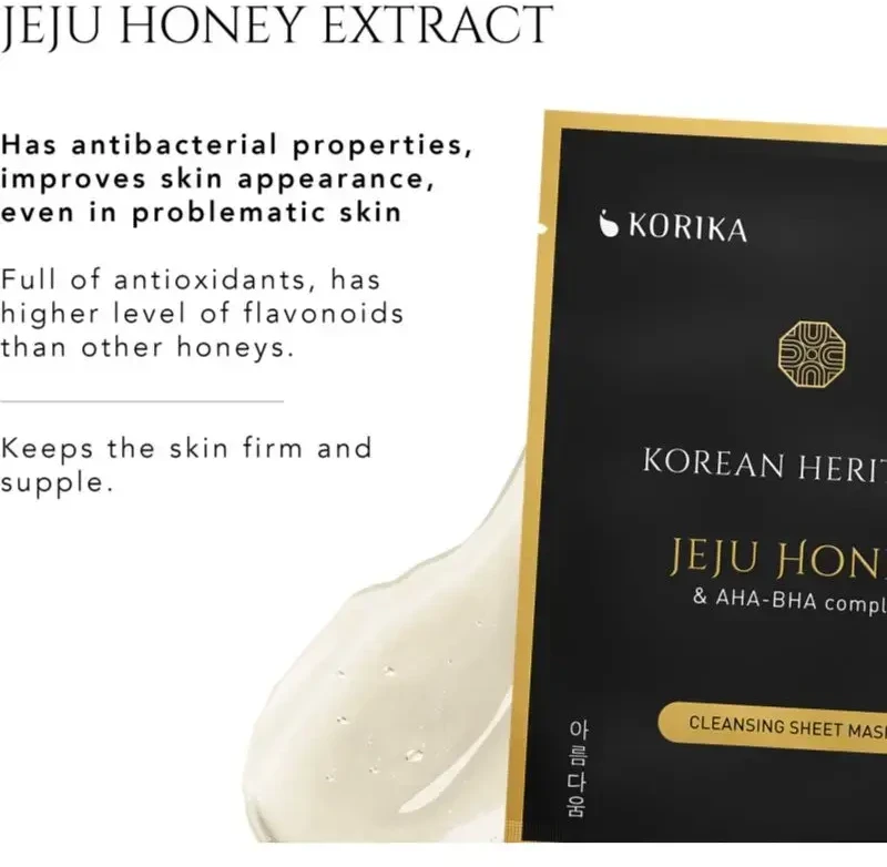 Korika Valomoji lakštinė kaukė su Jeju medumi ir AHA, BHA kompleksu, korėjietiškas paveldas (valomoji lakštinė kaukė) 25 g