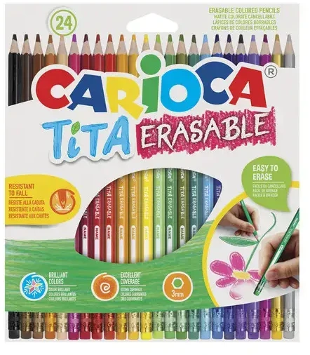Spalvoti pieštukai CARIOCA TITA, ištrinami su trintuku, 24 spalvos