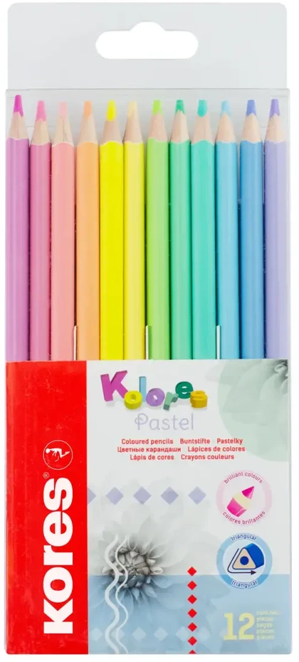 Spalvoti pieštukai KORES KOLORES PASTEL, tribriauniai, 3mm, 12 pastelinių spalvų