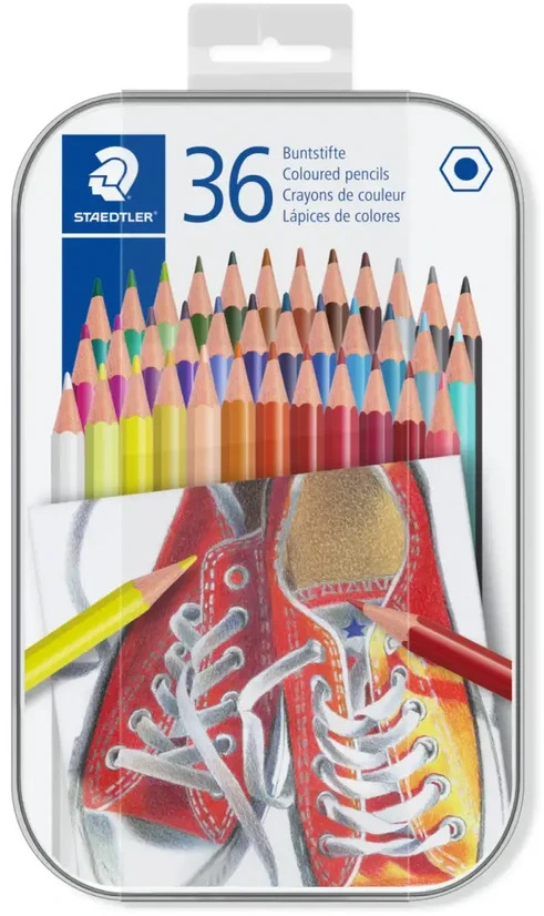 Spalvoti pieštukai STAEDTLER, šešiabriauniai, metalinėje dėžutėje, 36 vnt.